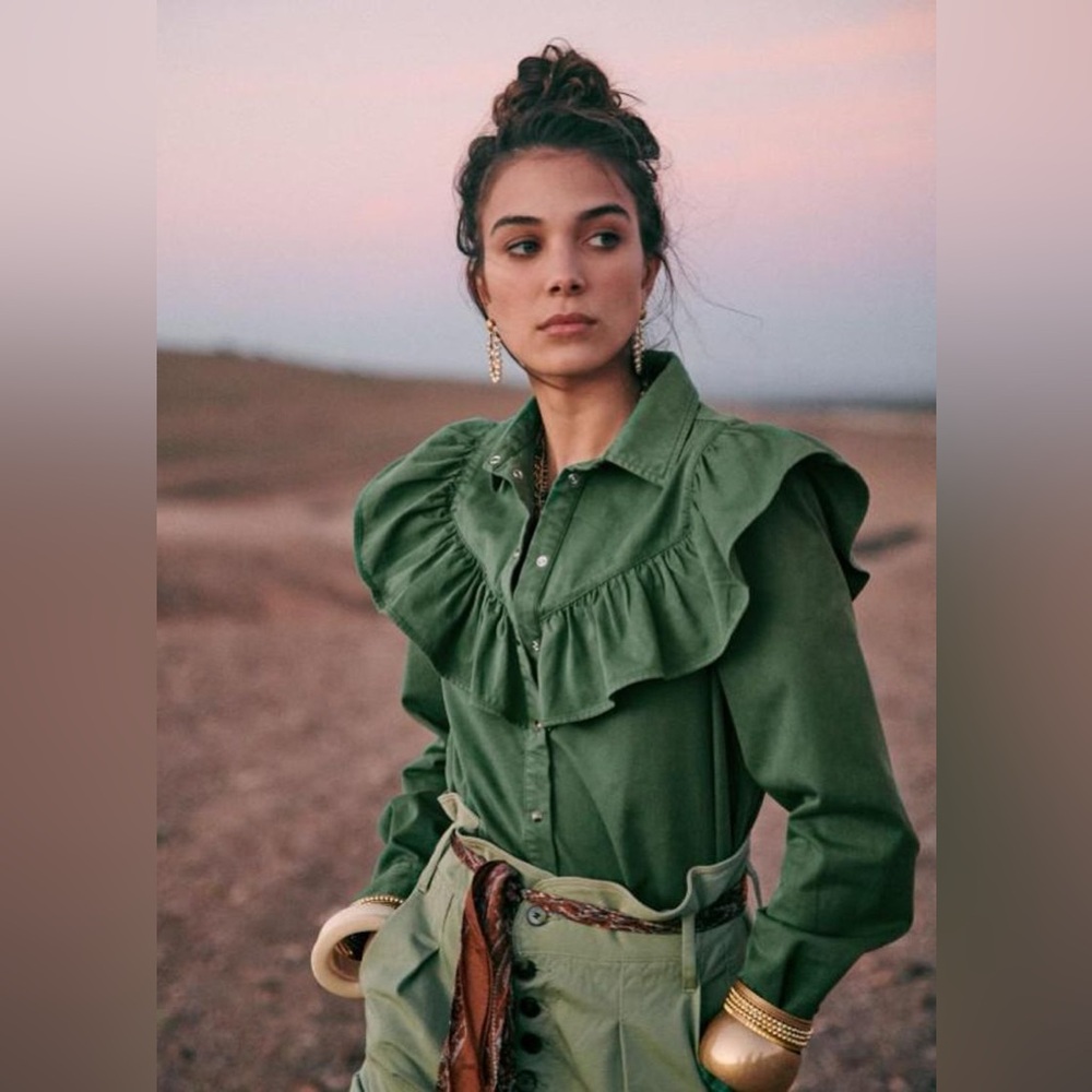Sézane Matty Shirt Green Ruffle Long Sleeve Blouse FR 36 / US 4